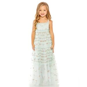 NWT $598 Mac Duggal Little Girls 8217 Ruffle Embroidered Floral Long Dress Blue